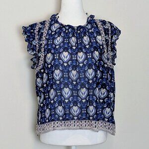 SEA NEW YORK Women's Cap Ruffle Sleeve Blouse Top  Size M  Blue Multi Print NWOT